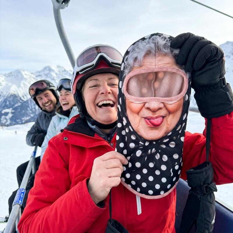 Beth A holding the grandma face mask