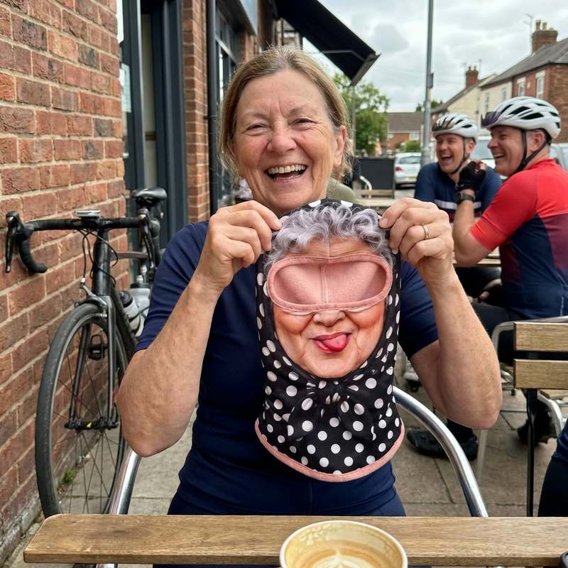 Maureen D holding the grandma face mask