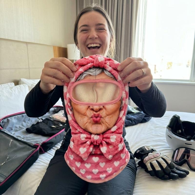 Nina S holding the grandma face mask